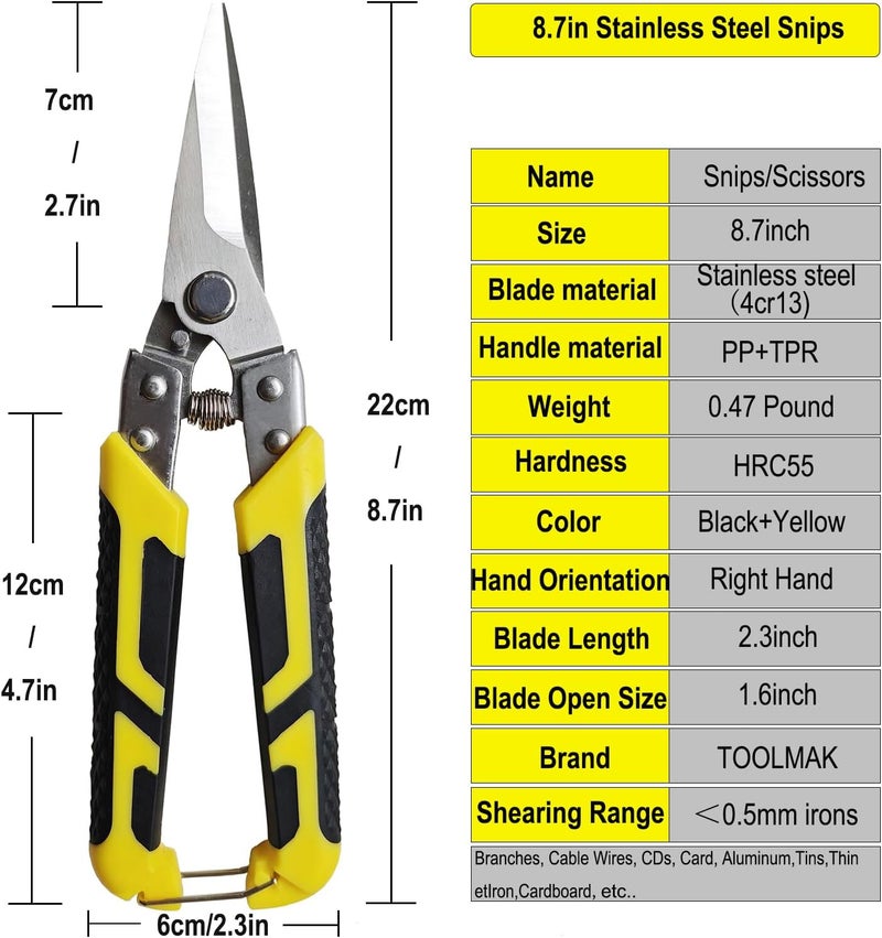 TOOLMAK Heavy Duty Industry Scissors 8.7 Inch Aviation Tin Snips Straight Metal Cutter with Comfort Grip and Stainless Steel Blades Multifunction Cutting - Image 5